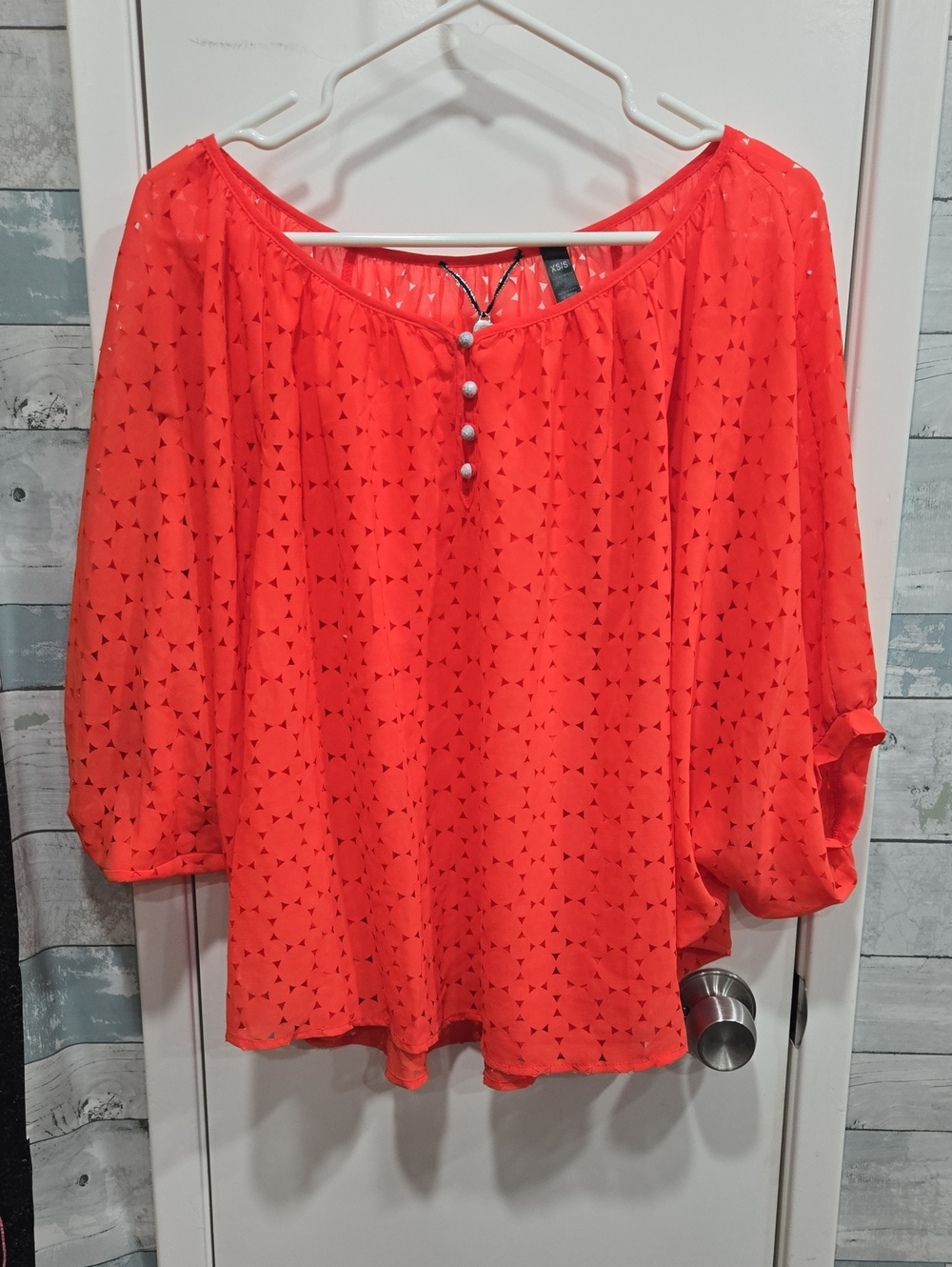 BKE Coral Sheer Peasant Top with Button Detail